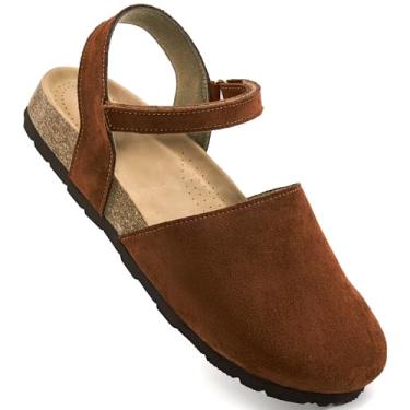 Imagem de Ecetana Sandálias femininas de bico fechado, elegante para o verão, palmilha de cortiça, confortável, suporte de arco, sandálias rasteiras femininas 2025, Marrom, 35