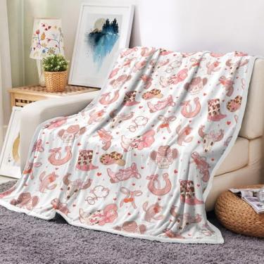 Imagem de Cobertor de vaqueira rosa ocidental, lindo chapéu de cowboy rosa para meninas e crianças, cobertores macios e quentes de cacto touro caveira para decoração de sofá, cama, 127 x 152 cm