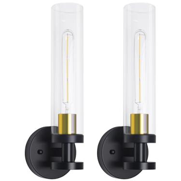 Imagem de Conjunto de 2 arandelas de parede, luminárias modernas para banheiro com sombra de vidro transparente, luzes de parede para sala de estar, espelho, quarto, corredor, cozinha (preto e dourado 2)