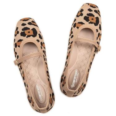 Imagem de Frank Mully Mary Jane Sapatos rasos femininos sem cadarço com bico quadrado lavável confortável para vestir e trabalhar com tira no tornozelo, Leopardo, bege, 35