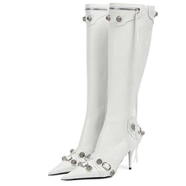 Imagem de Ancomafio Botas de cano alto femininas salto agulha cravejadas bico fino rebites borla bota sexy salto alto punk botas com zíper, Branco, 36