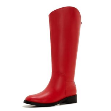 Imagem de ZXHYZLZ Botas femininas de cano alto na altura do joelho – Botas de equitação planas plus size, estilo equestre alto confortável para outono e inverno, Vermelho, 8 Wide