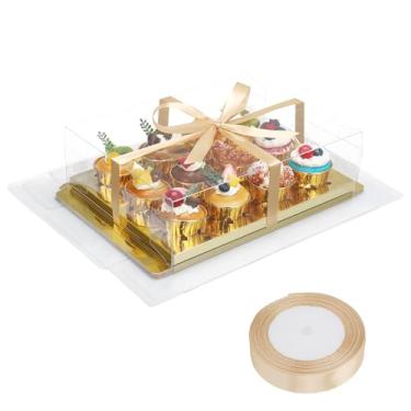 Imagem de EUSOAR Caixas de cupcake douradas, pacote com 6 mini recipientes transparentes para bolo, 12 unidades, embalagem de biscoitos, suporte retangular para muffins com fita de presente, suporte de
