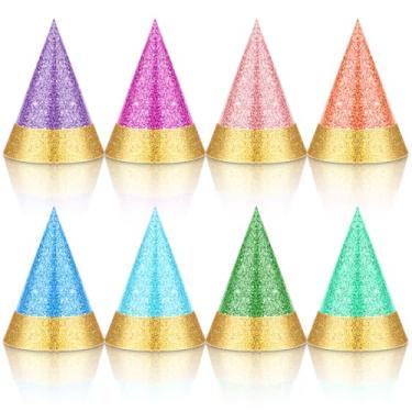 Imagem de Sonwyoung 40 mini chapéus de festa coloridos para animais de estimação, chapéus de cone a granel para animais de pelúcia, pequenos chapéus de aniversário de papel para cães, gatos, glitter, acessórios