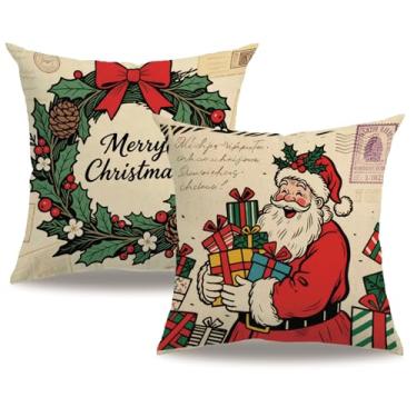 Imagem de Capa de almofada vintage para decoração de Natal, 45 x 45 cm, design de Papai Noel com guirlanda de azevinho, vermelho, verde, inverno, férias, decoração de casa, 2 unidades, para sofá, pátio