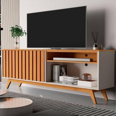 Imagem de Rack Retrô TV Até 65 Polegadas Pés Madeira 2 Portas Ripadas Buriti