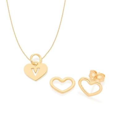 Imagem de Kit Rommanel Brinco Coração Colar 42cm Letra V Pra Presente