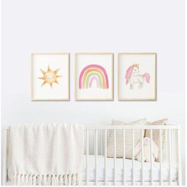 Imagem de Quadro Infantil Menina em Aquarela Arco Íris Unicórnio e Sol - Kit com
