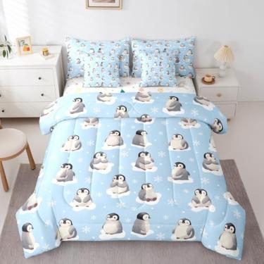 Imagem de Erosebridal Jogo de cama casal com desenho de pinguim, animais fofos, estampa de flocos de neve kawaii, decoração de quarto (edredom + lençol de cima + 2 fronhas + 2 fronhas + 2 fronhas), conjunto de