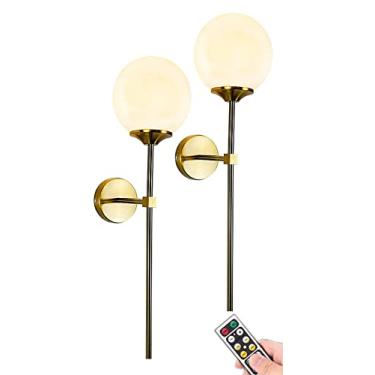 Imagem de Luminárias de parede sem fio, operadas por bateria, conjunto de duas arandelas, sem fio, luminárias de parede modernas douradas para cabeceira, temporizador regulável remoto para decoração d