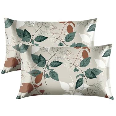 Imagem de EXQ Home Fronha de cetim para cabelo e pele Queen - Capas de almofada de seda com folhas verdes estampadas 2 pacotes 50 x 76 cm - Conjunto de 2 fronhas de cetim com fecho de envelope, presentes para