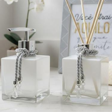 Imagem de Kit Lavabo Luxo Vidro Branco Prata Degradê 250ml Aromatizador Ambientes Varetas Decoradas Cristalizadas Saboneteira Líquida Válvula Cromada Decoração Banheiro Elegante Sofisticada - Luiggi Presentes®