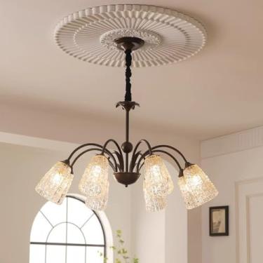 Imagem de Lustre moderno de meados do século com 5 luzes para hall de entrada, cilindro de bronze esfregado a óleo, vidro nervurado, luminária pendente de teto vintage para cozinha, ilha, mesa de jant