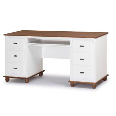 Imagem de Escrivaninha 6 Gavetas com Suporte para Teclado e Divisor de Ambiente Office 50606 Linz Móveis - Branco/Imbuia Glazer