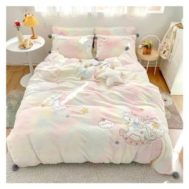 Imagem de Jogo de cama luxuoso de veludo de veludo, arco-íris, unicórnio, capa de edredom de flanela, pequena saia, solteiro, Queen King Size ()