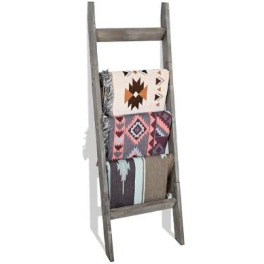 Imagem de FUIN Cobertor de madeira de 1,5 m (147,3 cm) Escada decorativa para sala de estar inclinada para parede de casa de fazenda, suporte de exibição de colcha de armazenamento, suporte de toalha de madeira