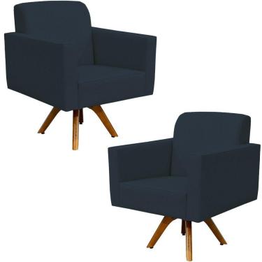 Imagem de Kit 2 Poltrona Decorativa Giratória Sala Estar Base Madeira Helô L02 Suede Azul Marinho - Lyam Decor