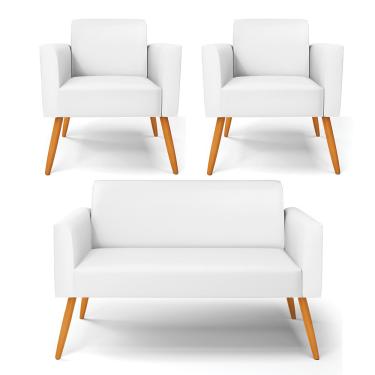 Imagem de Sofá Namoradeira com 2 Poltronas Pés Palito Castanho Marisa Corino Branco D03 - D'Rossi