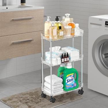Imagem de Carrinho de armazenamento fino de 3 níveis com rodas, carrinho utilitário fino, organizador de prateleiras móveis para espaço estreito em casa, cozinha, banheiro, lavanderia, transparente (largura