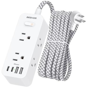 Imagem de BESHON Cabo de extensão de 3 metros, filtro de linha com 6 tomadas CA amplas, 3 entradas USB (1 USB C), extensor de saída de 3 lados, plugue plano, suporte de parede para casa, escritório, viagens e