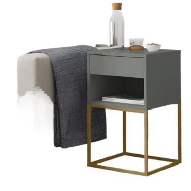 Imagem de Mesa de Cabeceira Base de Aço Industrial 1 Gaveta Corrediça Telescópica e Nicho (Cinza/Pé Dourado)