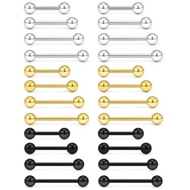 Imagem de Kwoencxi Piercing de mamilo 14G, anel de língua, calibre 14, hipoalergênico, aço inoxidável, cirúrgico, prata, preto, dourado, mamilo, língua, barra, piercing de barra, joias femininas 12 mm, 14 mm