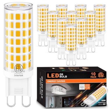 Imagem de Pacote com 10 lâmpadas de LED G9 3000K branco quente, Hansang T4 G9 lâmpadas de cerâmica Bi-pin base, lâmpada G9 equivalente a halogênio 60W, 600Lm 120V CA ângulo de 360 graus para lustre de cristal, não regulável