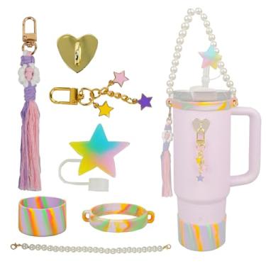 Imagem de Kompixitys Conjunto de acessórios Stanley Cup, com alça, bota de silicone com glitter, pingentes de chaveiro, topo de palha para copo de 1,134 g e copo de 850 g (rosa)