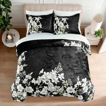 Imagem de Sunshine Nicole Conjunto de edredom reversível, estampado na frente de veludo envelhecido e reverso de veludo envelhecido, 3 peças verde escuro, com enchimento de poliéster macio