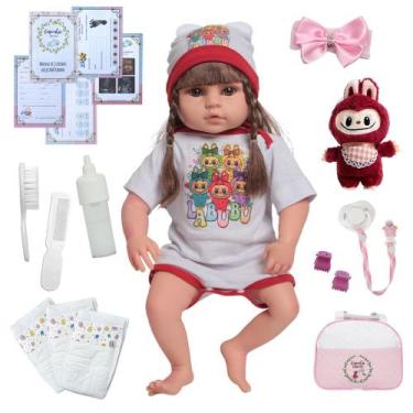 Imagem de Bebê Reborn Realista Enxoval Completo Labubu Pelúcia Bolsa - Cegonha R