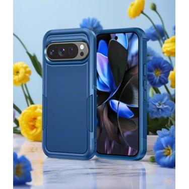 Imagem de Capa para celular Google Pixel 9 Pro XL, capa protetora de camada dupla à prova de choque, proteção à prova de quedas de grau militar, capas rígidas híbridas com textura fosca, azul