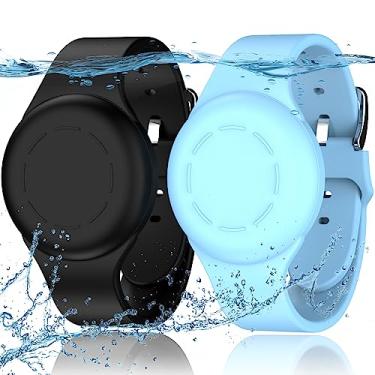 Imagem de Pulseiras de AirTag à prova d'água [2 unidades] compatíveis com Apple Air Tag Finders com silicone macio, capa antiperda de itens GPS, preto/azul brilhante