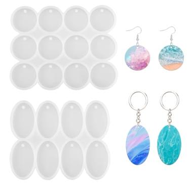 Imagem de 2 peças de molde de silicone, círculo oval plano brilhante, estêncil de silicone com orifícios, pingente de diferentes tamanhos, molde de brinco, etiqueta de animal de estimação, chaveiro estêncil