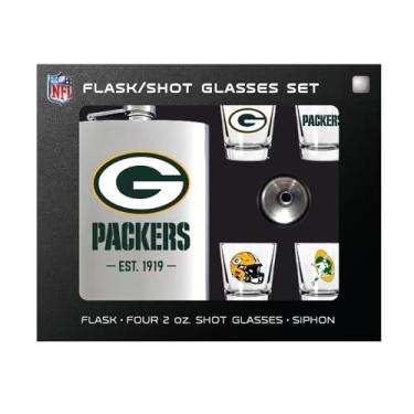 Imagem de DENCO Conjunto de cantil e copo de shot NFL Green Bay Packers, aço inoxidável, prata, frasco de 227 g com quatro copos de 59 ml, design do logotipo do time, EST. 1919