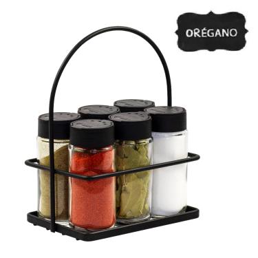 Imagem de Porta Tempero Condimento 6 Potes Vidro Tampa Dosadora Suporte Preto com Alça Organização Cozinha