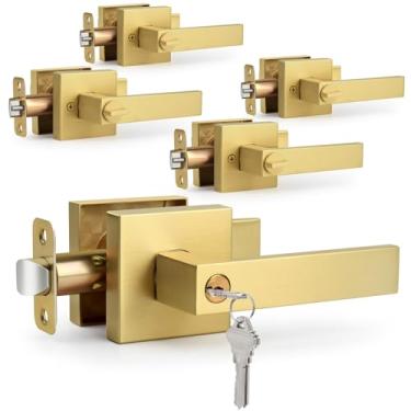 Imagem de LOQRON Pacote com 5 maçanetas de porta de entrada resistentes com chave por atacado, maçaneta de porta interior/exterior de design quadrado com chave e fechadura, alça reversível para fechadura de