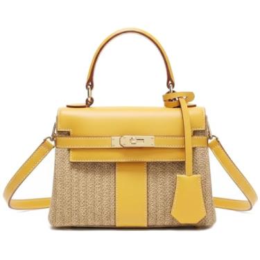 Imagem de Maycred Bolsa feminina de tecido de palha, bolsa transversal de praia, bolsa de praia moderna de ombro único de tecido de verão, Amarelo, Tendência