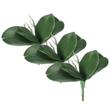 Imagem de Folhas de orquídea 21 cm, 3 peças de folhagem artificial pequena Phalaenopsis Phalaenopsis verdadeira látex toque verde planta 4 folhas com hastes para decoração de vasos de flores em casa, verde