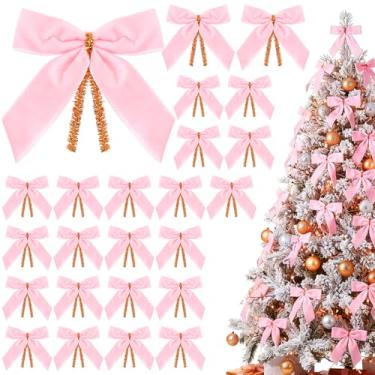 Imagem de Riceshoot 24 peças de laços de Natal de veludo de 8 cm para árvore de Natal laços de guirlanda rústica vintage de Natal gravata torcida para petiscos, padaria, sacos de doces, embrulho de presente