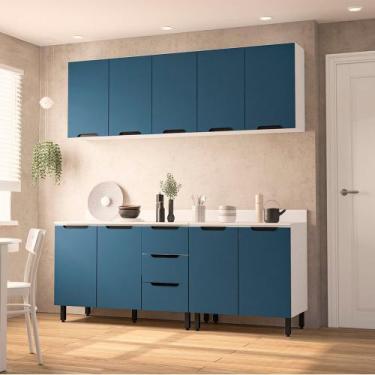 Imagem de Cozinha Modulada 4 Peças com Tampo Maeena Politorno, Branco com Azul
