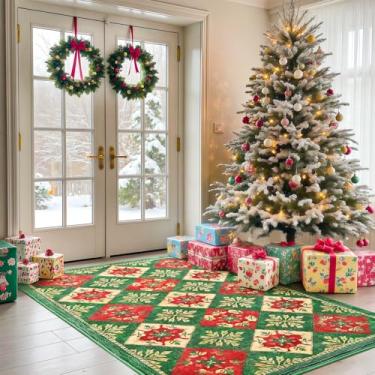 Imagem de HOMORE Tapete vermelho 10 x 15 cm, estampa xadrez de Natal, lavável, antiderrapante, macio para entrada, cozinha, sala de estar, sala de jantar, quarto, tapete geométrico marroquino