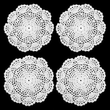 Imagem de 4 peças de toalha de mesa de renda branca pacote de toalhas de crochê de malha de algodão borda ondulada para cozinha, sala de jantar, decoração de festa de casamento