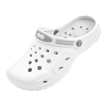 Imagem de YUNGPRIME Pantufas masculinas e femininas de jardim, sem cadarço, para uso ao ar livre, com palmilha acolchoada removível, Branco, 9.5 Wide Women/7.5 Wide Men