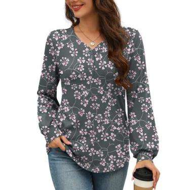 Imagem de Blusa floral Rapbin com decote em V, manga comprida, solta para mulher