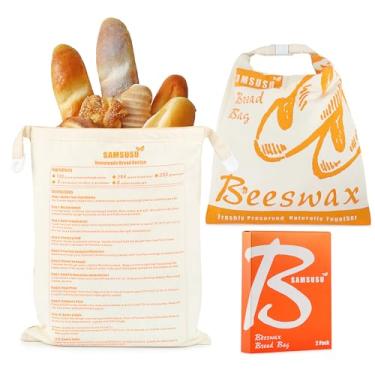 Imagem de SAMSUSU Sacos de pão de cera de abelha para fermento (pacote com 2), saco de cera de abelha de algodão reutilizável GG para pão caseiro com design de receitas, adequado para freezer e armazenamento de
