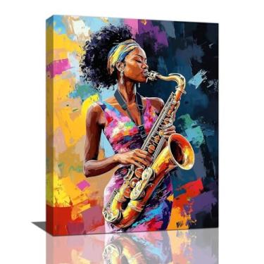 Imagem de Arte de parede feminina negra africana decoração de parede colorida grafite afro-menina pintura em tela arte moderna decoração de casa para banheiro quarto escritório emoldurado 30,5 x 40,6 cm