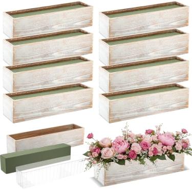 Imagem de Sintuff Conjunto de 8 vasos retangulares de madeira, caixas de madeira de 43 x 10 cm com forro de plástico removível e blocos de espuma floral, plantador de madeira rústica para centros de mesa faça