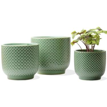Imagem de Vasos de cerâmica de 10 + 15 + 15 cm para plantas de interior, vasos de suculentas, vaso de flores de orquídea com orifício de drenagem, vasos modernos de grés de barro, conjunto de 3 (verde, 10 + 15