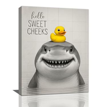 Imagem de Viorise Arte de parede de tubarão engraçado decoração de banheiro preto e branco tubarão pato imagens tela Hello Cheeks pintura arte decoração banheiro sinais 30.5 cm x 40.6 cm