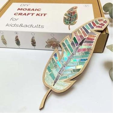 Imagem de Smowfes Kit de mosaico de folhas de cores mistas, azulejos criativos de decoração de casa coloridos DIY para artesanato, kits de mosaico para adultos, kit de peças de vidro, suprimentos para